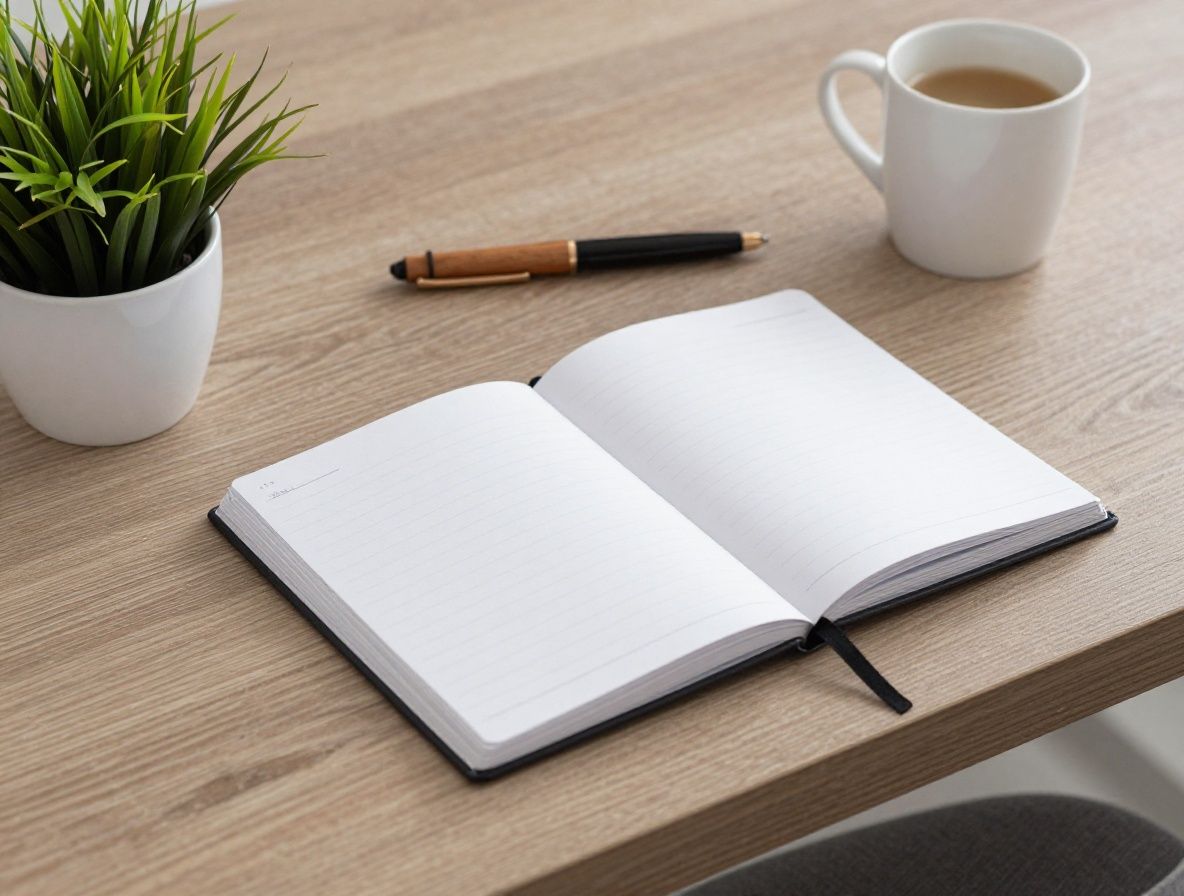 Table de travail épurée vue de dessus avec un carnet ouvert aux pages blanches, un stylo en bois, une petite plante verte en pot et une tasse de thé, évoquant la réflexion, l'écriture et la concentration intellectuelle