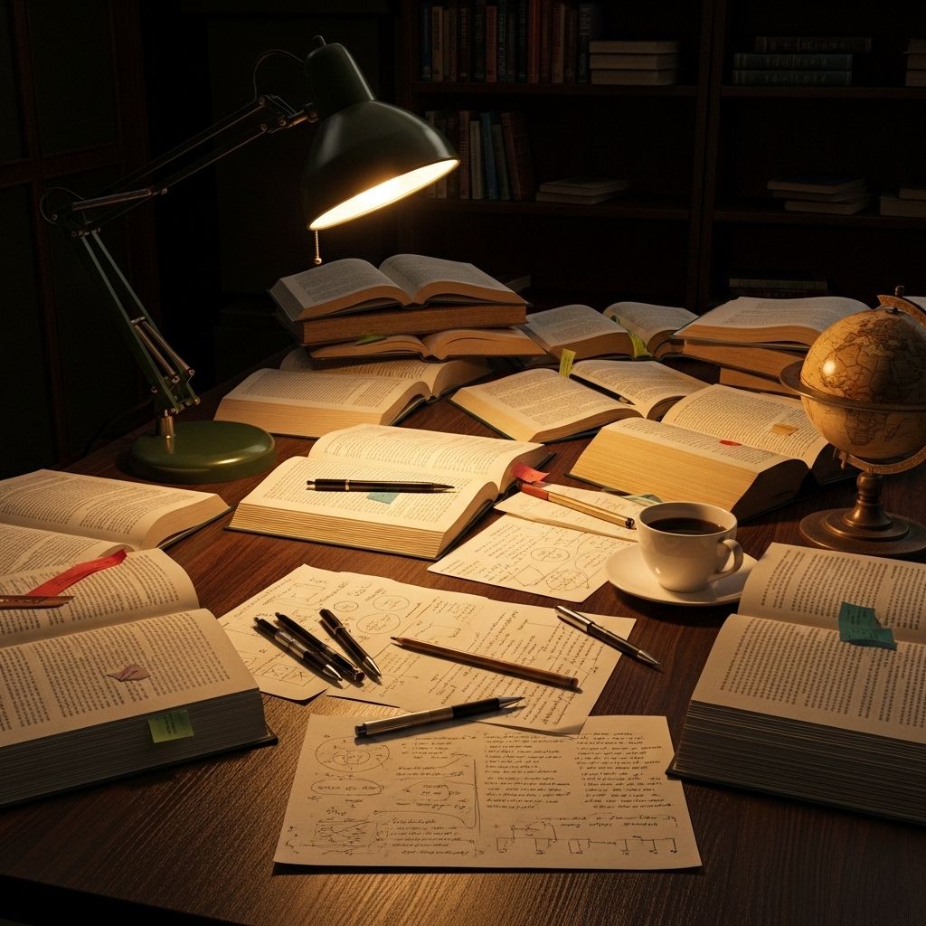 Bureau de travail intellectuel avec des livres ouverts, des notes manuscrites sur du papier épais, une lampe de bureau éclairant une surface en bois sombre, atmosphère de recherche et de réflexion profonde, lumière chaude et contrastée