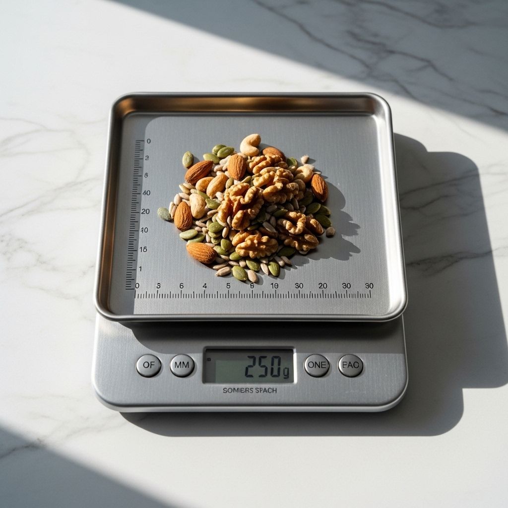 Balance de cuisine en acier inoxydable sur un plan de travail en marbre blanc avec des noix, des graines et des mesures calibrées, composition épurée et précise, lumière naturelle froide et directionnelle évoquant la mesure et l'équilibre