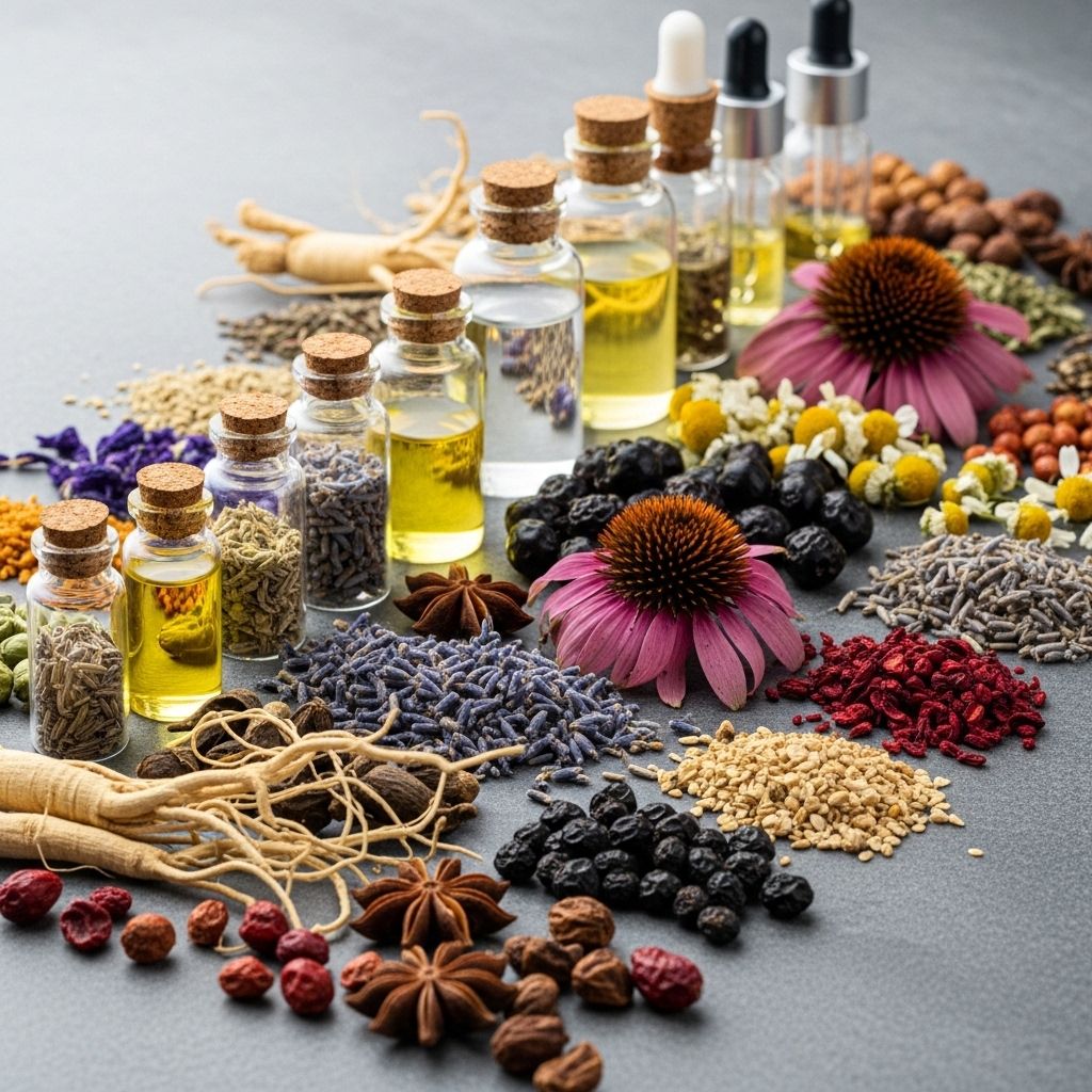 Assortiment de plantes médicinales séchées, graines et racines disposés sur une surface en ardoise grise, fioles en verre translucide côte à côte, ambiance de laboratoire naturel, éclairage latéral doux et contrasté