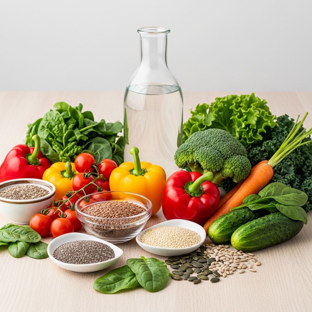 Composition soignée sur une table en bois clair avec des légumes colorés frais, des graines, une bouteille d'eau et des équipements sportifs légers, lumière naturelle douce et chaude, atmosphère de bien-être et d'équilibre