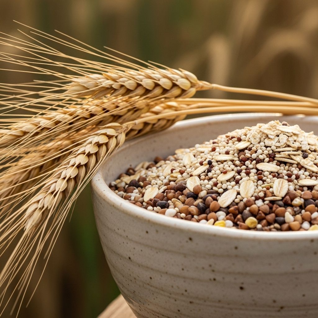 Grains de céréales complètes mélangés — avoine, quinoa, sarrasin — dans un bol en céramique artisanale beige, épis de blé dorés en arrière-plan flou, ambiance rurale et authentique, lumière diffuse chaude