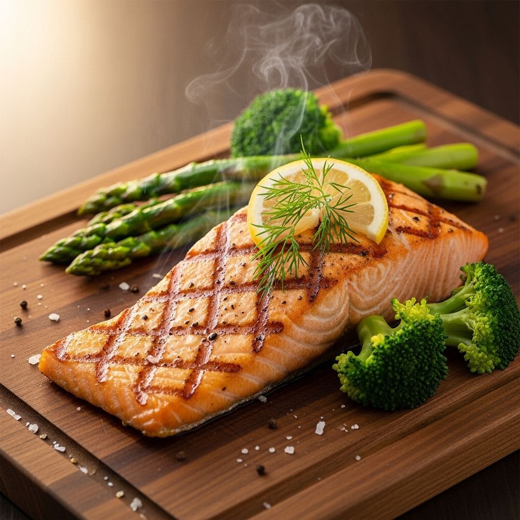 Saumon frais grillé servi sur une planche en bois avec des herbes fraîches et des légumes verts, lumière chaude et dorée, texture riche de la chair du poisson, présentation culinaire élégante